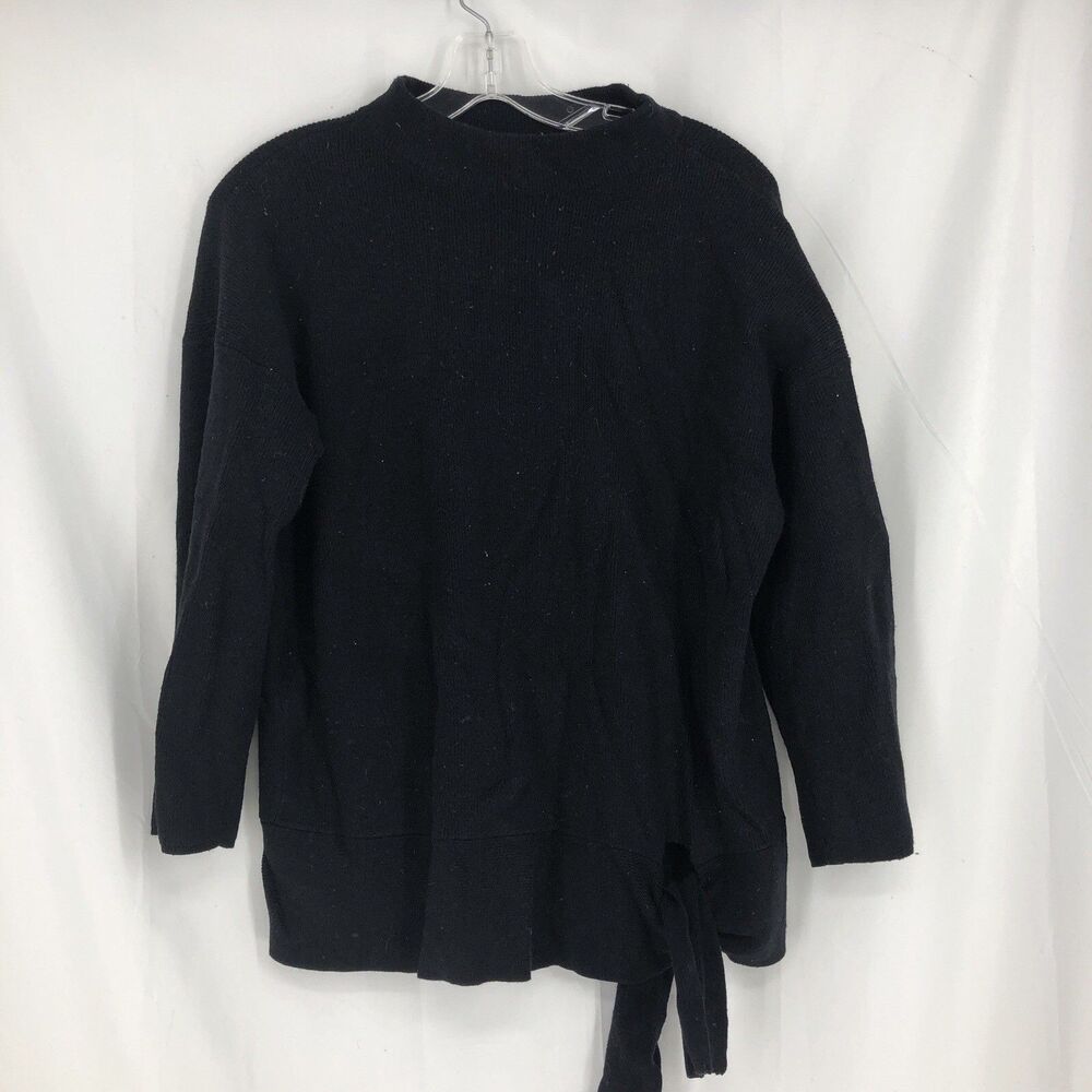 Chicos Sweater Top Women 2 Large Cashmere Blend Black Knit Tie Waist Mock Neck